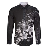 Hawaii Honu Family Matching Long Sleeve Bodycon Dress and Hawaiian Shirt Polynesian Curves Plumeria Grayscale - Polynesian Pride