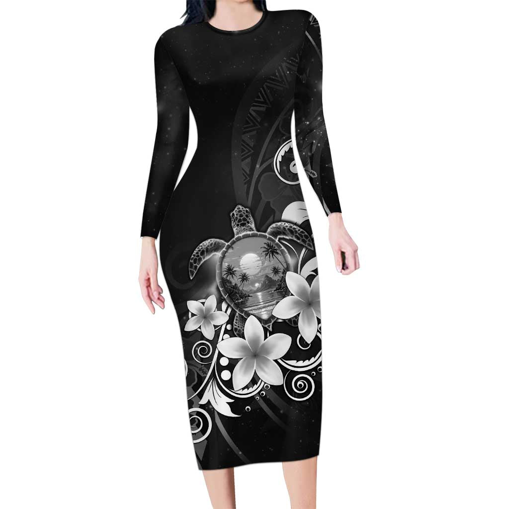 Hawaii Honu Family Matching Long Sleeve Bodycon Dress and Hawaiian Shirt Polynesian Curves Plumeria Grayscale - Polynesian Pride