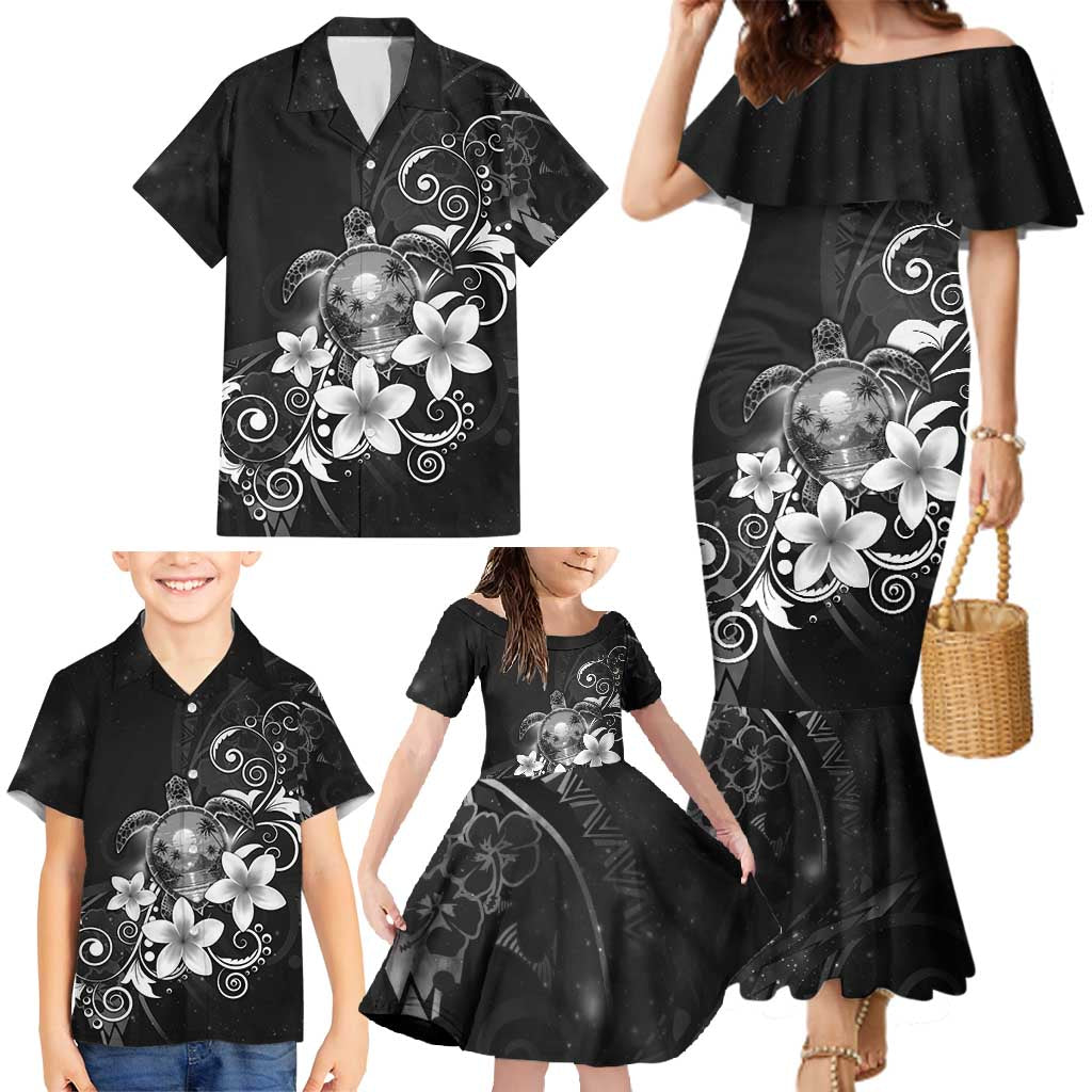 Hawaii Honu Family Matching Mermaid Dress and Hawaiian Shirt Polynesian Curves Plumeria Grayscale - Polynesian Pride