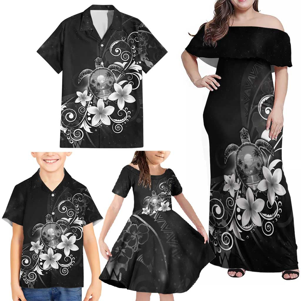 Hawaii Honu Family Matching Off Shoulder Maxi Dress and Hawaiian Shirt Polynesian Curves Plumeria Grayscale - Polynesian Pride