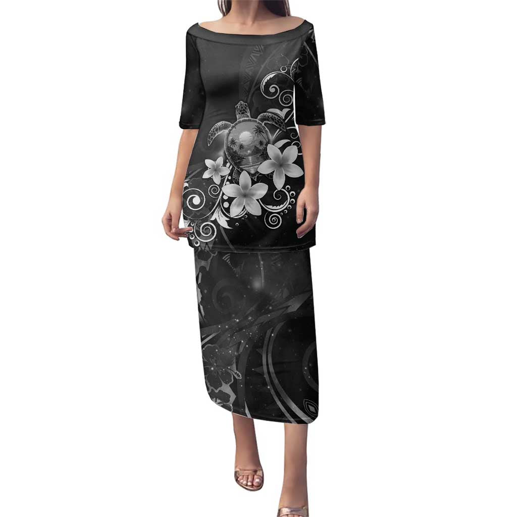 Hawaii Honu Family Matching Puletasi and Hawaiian Shirt Polynesian Curves Plumeria Grayscale - Polynesian Pride