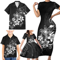Hawaii Honu Family Matching Short Sleeve Bodycon Dress and Hawaiian Shirt Polynesian Curves Plumeria Grayscale - Polynesian Pride