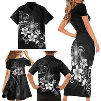 Hawaii Honu Family Matching Short Sleeve Bodycon Dress and Hawaiian Shirt Polynesian Curves Plumeria Grayscale - Polynesian Pride