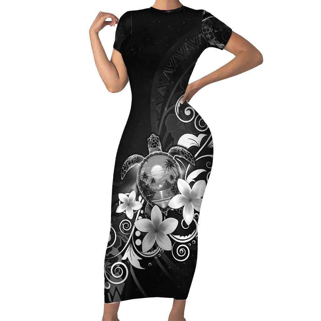 Hawaii Honu Family Matching Short Sleeve Bodycon Dress and Hawaiian Shirt Polynesian Curves Plumeria Grayscale - Polynesian Pride