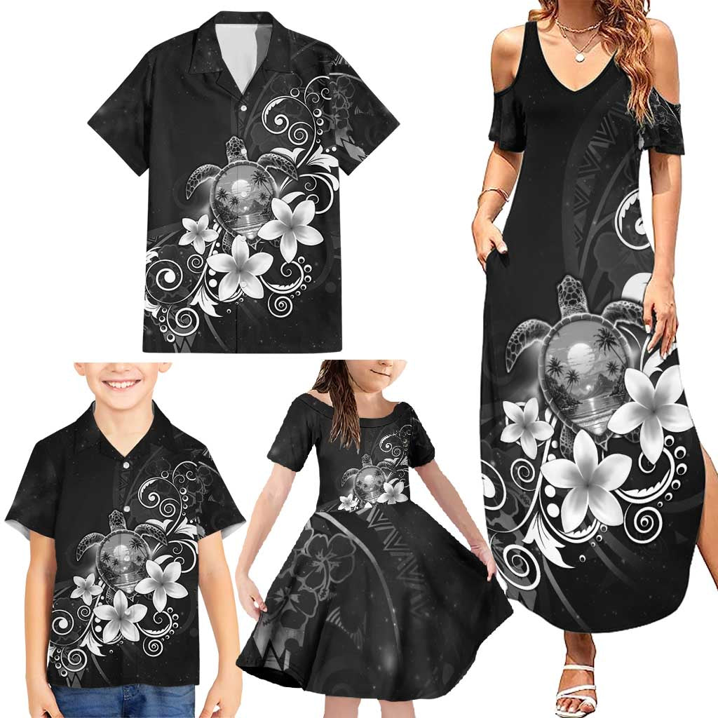 Hawaii Honu Family Matching Summer Maxi Dress and Hawaiian Shirt Polynesian Curves Plumeria Grayscale - Polynesian Pride