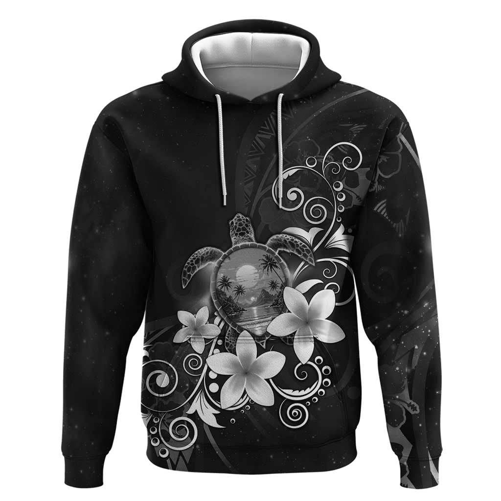 Hawaii Honu Hoodie Polynesian Curves Plumeria Grayscale LT05 Pullover Hoodie Black - Polynesian Pride