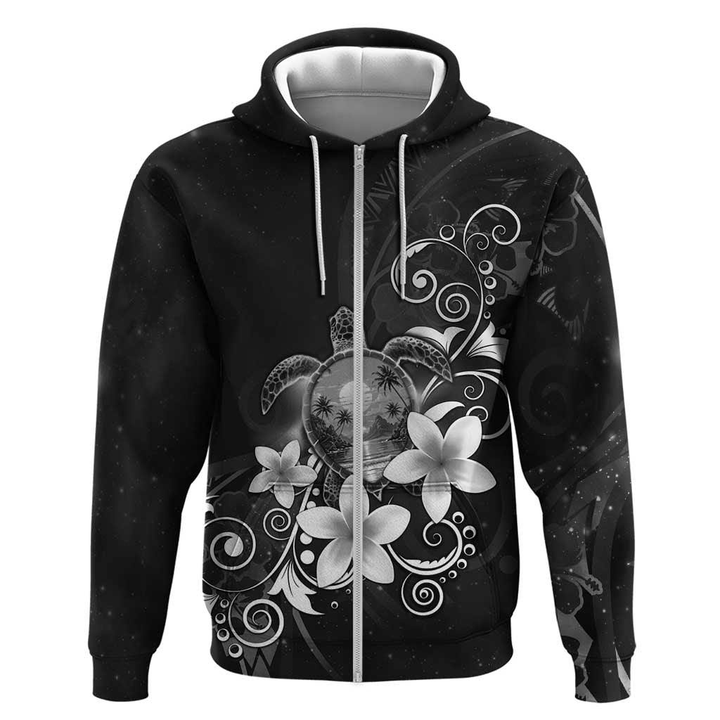 Hawaii Honu Hoodie Polynesian Curves Plumeria Grayscale LT05 Zip Hoodie Black - Polynesian Pride