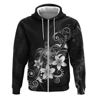 Hawaii Honu Hoodie Polynesian Curves Plumeria Grayscale LT05 Zip Hoodie Black - Polynesian Pride