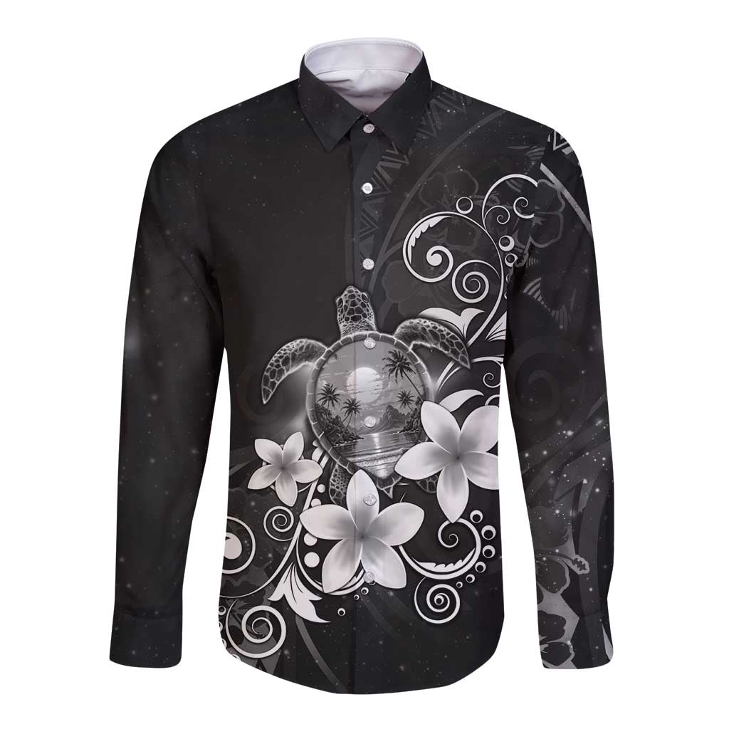 Hawaii Honu Long Sleeve Button Shirt Polynesian Curves Plumeria Grayscale - Polynesian Pride
