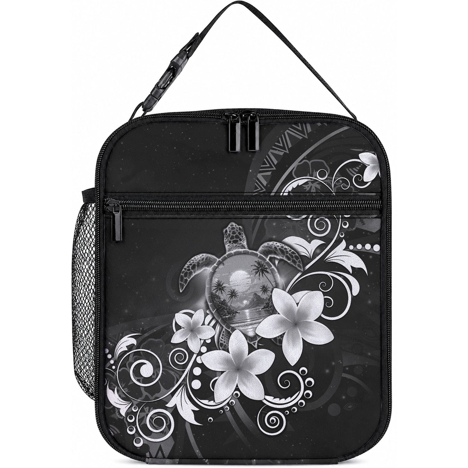 Hawaii Honu Lunch Bag Polynesian Curves Plumeria Grayscale LT05 10.2 × 8.3 × 4.3 inch Black - Polynesian Pride
