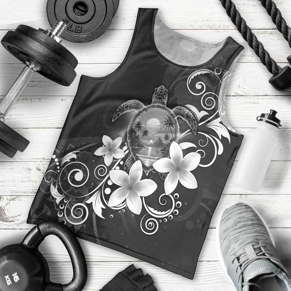 Hawaii Honu Men Tank Top Polynesian Curves Plumeria Grayscale - Polynesian Pride