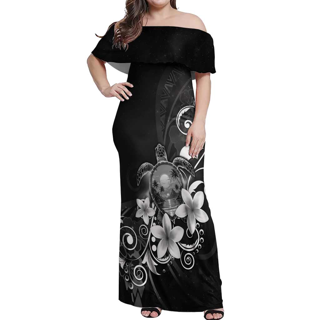 Hawaii Honu Off Shoulder Maxi Dress Polynesian Curves Plumeria Grayscale - Polynesian Pride