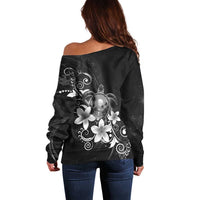 Hawaii Honu Off Shoulder Sweater Polynesian Curves Plumeria Grayscale - Polynesian Pride