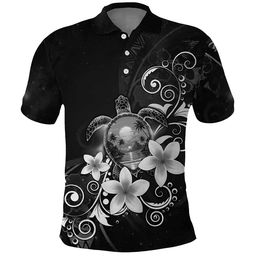 Hawaii Honu Polo Shirt Polynesian Curves Plumeria Grayscale - Polynesian Pride
