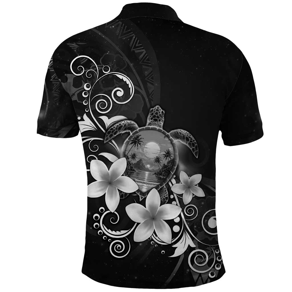 Hawaii Honu Polo Shirt Polynesian Curves Plumeria Grayscale - Polynesian Pride