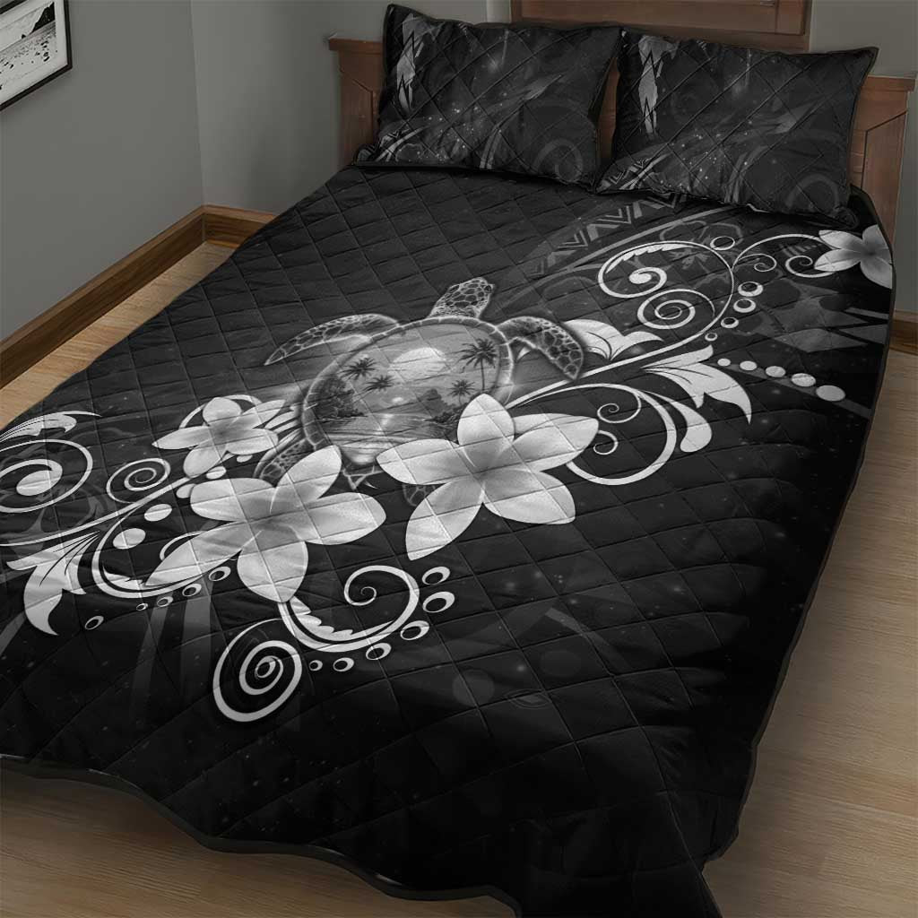 Hawaii Honu Quilt Bed Set Polynesian Curves Plumeria Grayscale - Polynesian Pride