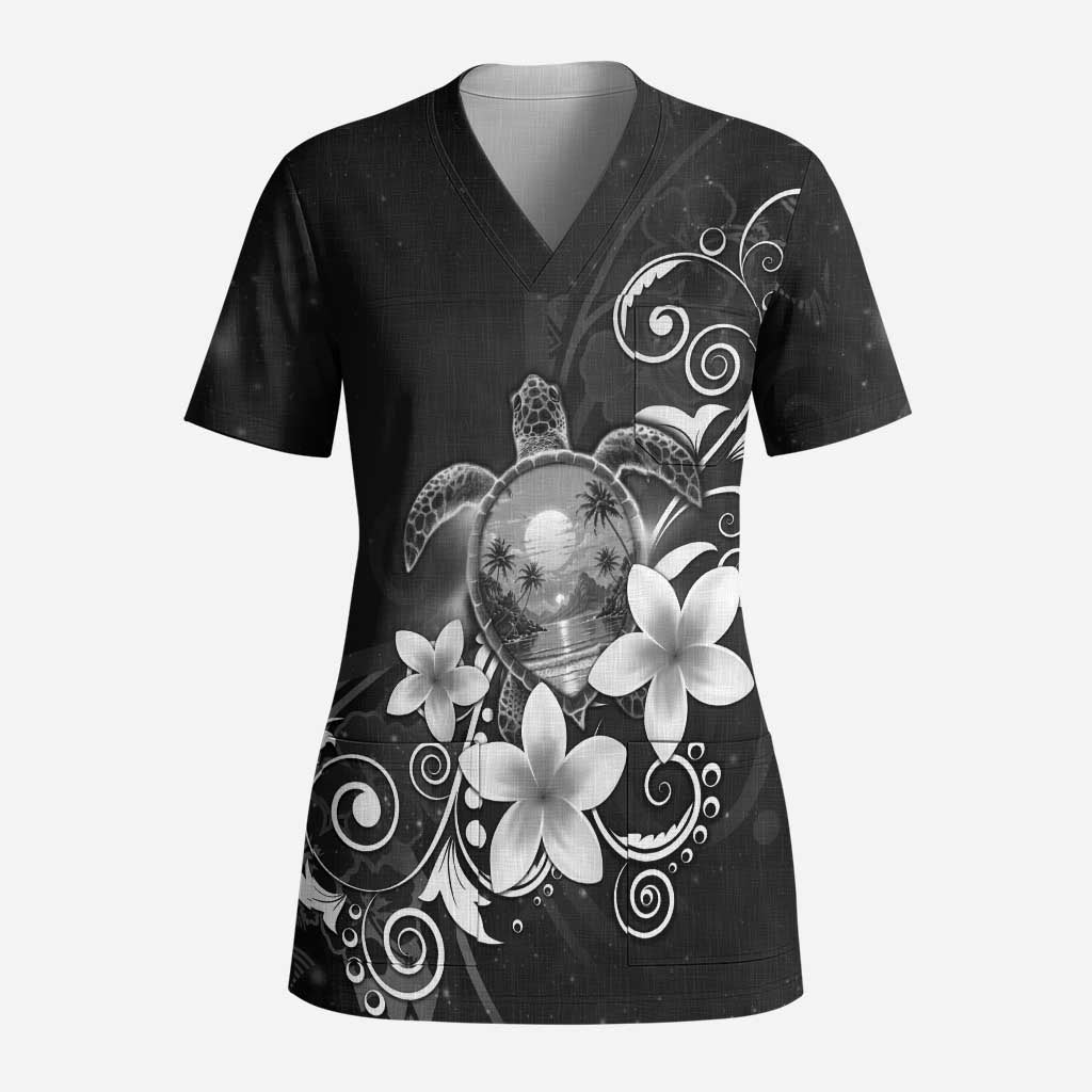 Hawaii Honu Scrub Top Polynesian Curves Plumeria Grayscale - Polynesian Pride
