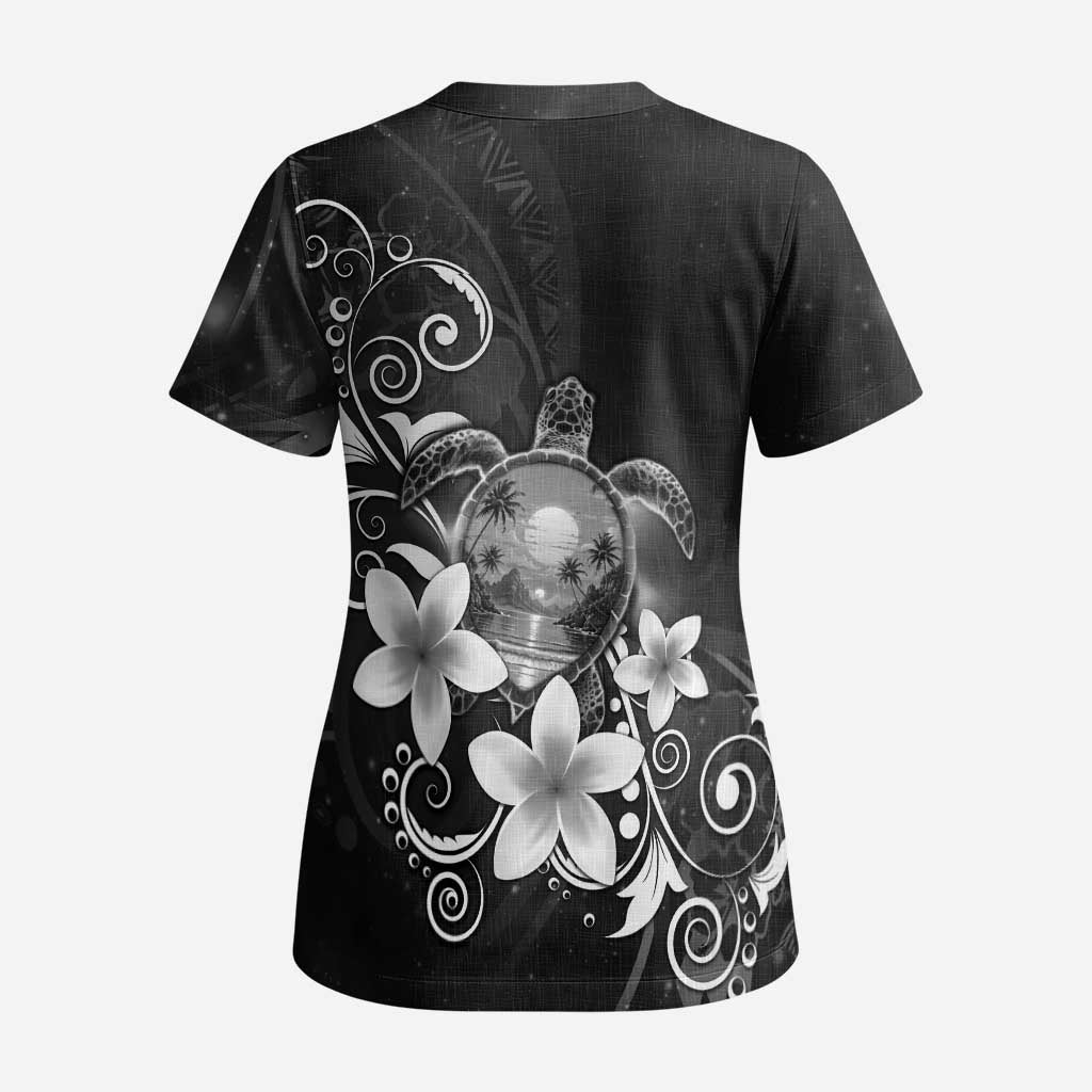 Hawaii Honu Scrub Top Polynesian Curves Plumeria Grayscale - Polynesian Pride
