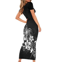 Hawaii Honu Short Sleeve Bodycon Dress Polynesian Curves Plumeria Grayscale - Polynesian Pride
