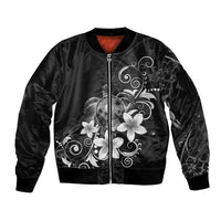 Hawaii Honu Sleeve Zip Bomber Jacket Polynesian Curves Plumeria Grayscale - Polynesian Pride