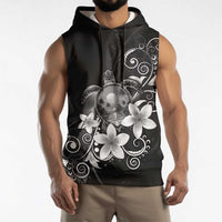 Hawaii Honu Sleeveless Hoodie Polynesian Curves Plumeria Grayscale - Polynesian Pride