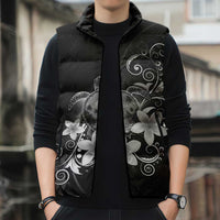 Hawaii Honu Sleeveless Puffer Jacket Polynesian Curves Plumeria Grayscale - Polynesian Pride