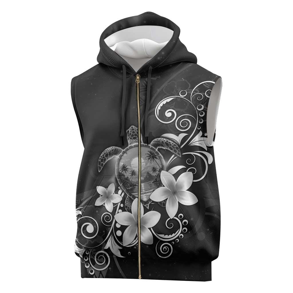 Hawaii Honu Sleeveless Zip Hoodie Polynesian Curves Plumeria Grayscale - Polynesian Pride