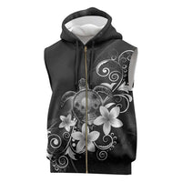 Hawaii Honu Sleeveless Zip Hoodie Polynesian Curves Plumeria Grayscale - Polynesian Pride
