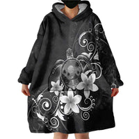 Hawaii Honu Wearable Blanket Hoodie Polynesian Curves Plumeria Grayscale - Polynesian Pride