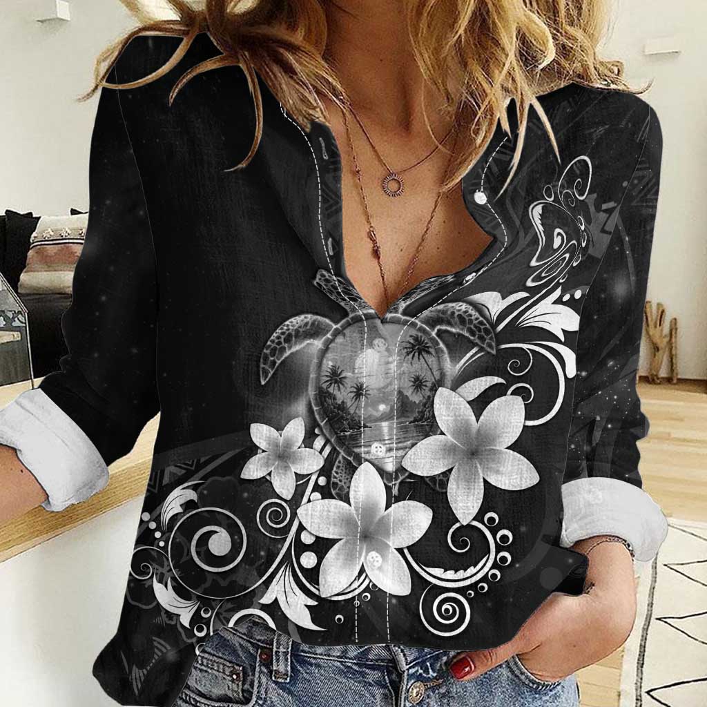 Hawaii Honu Women Casual Shirt Polynesian Curves Plumeria Grayscale - Polynesian Pride