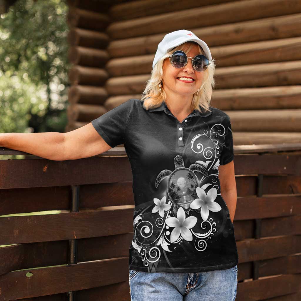 Hawaii Honu Women Polo Shirt Polynesian Curves Plumeria Grayscale - Polynesian Pride