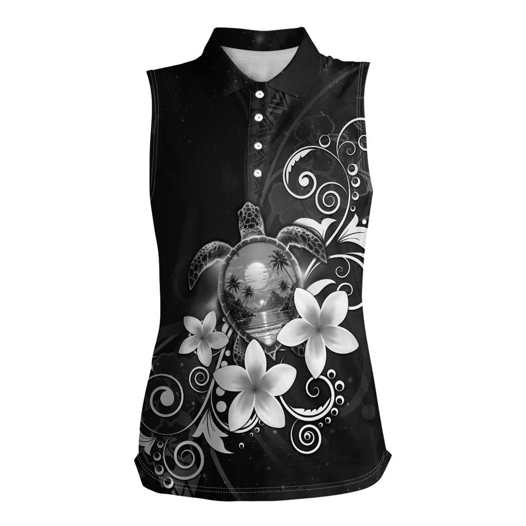 Hawaii Honu Women Sleeveless Polo Shirt Polynesian Curves Plumeria Grayscale - Polynesian Pride