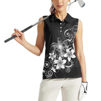 Hawaii Honu Women Sleeveless Polo Shirt Polynesian Curves Plumeria Grayscale - Polynesian Pride