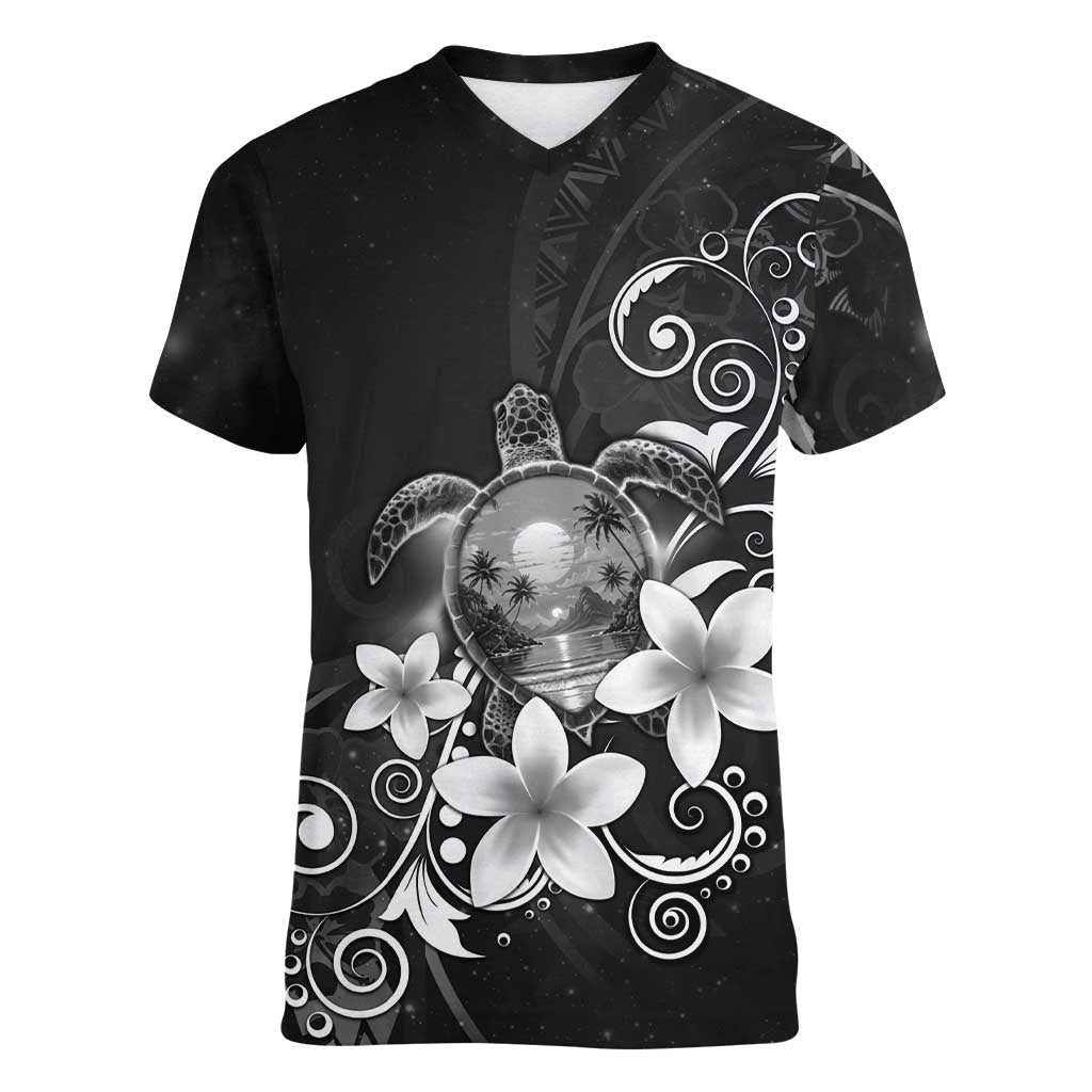 Hawaii Honu Women V-Neck T-Shirt Polynesian Curves Plumeria Grayscale - Polynesian Pride