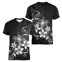 Hawaii Honu Women V-Neck T-Shirt Polynesian Curves Plumeria Grayscale - Polynesian Pride
