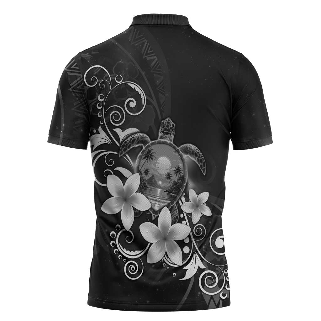 Hawaii Honu Zipper Polo Shirt Polynesian Curves Plumeria Grayscale - Polynesian Pride