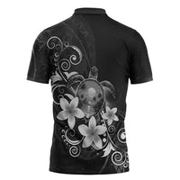 Hawaii Honu Zipper Polo Shirt Polynesian Curves Plumeria Grayscale - Polynesian Pride