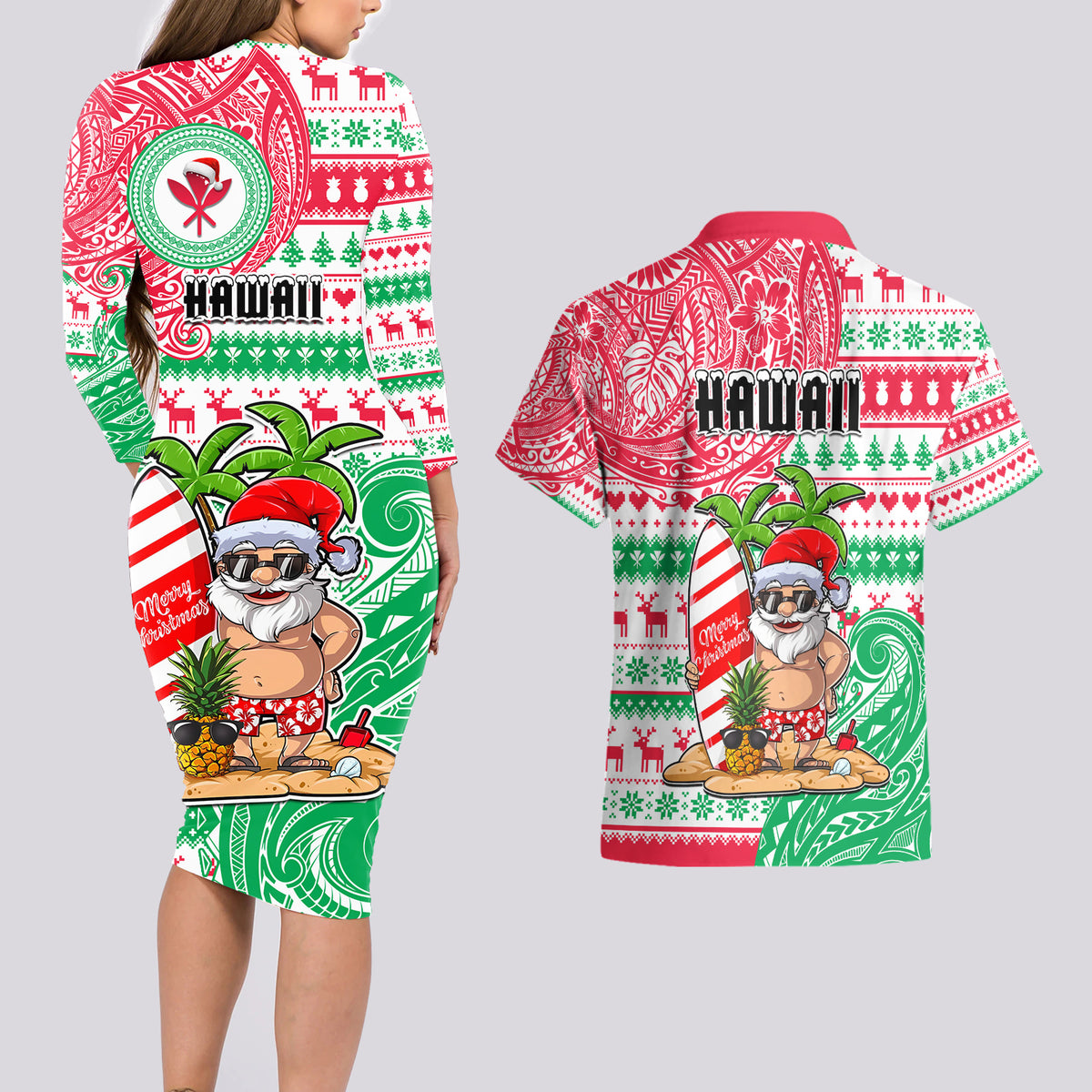 Hawaii Christmas Couples Matching Long Sleeve Bodycon Dress and Hawaiian Shirt Santa Claus Surf Mele Kalikimaka LT05 - Polynesian Pride