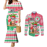 Hawaii Christmas Couples Matching Mermaid Dress and Long Sleeve Button Shirts Santa Claus Surf Mele Kalikimaka LT05 Red - Polynesian Pride