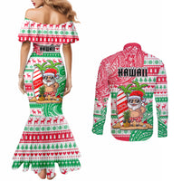 Hawaii Christmas Couples Matching Mermaid Dress and Long Sleeve Button Shirts Santa Claus Surf Mele Kalikimaka LT05 - Polynesian Pride