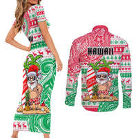 Hawaii Christmas Couples Matching Short Sleeve Bodycon Dress and Long Sleeve Button Shirts Santa Claus Surf Mele Kalikimaka LT05 - Polynesian Pride