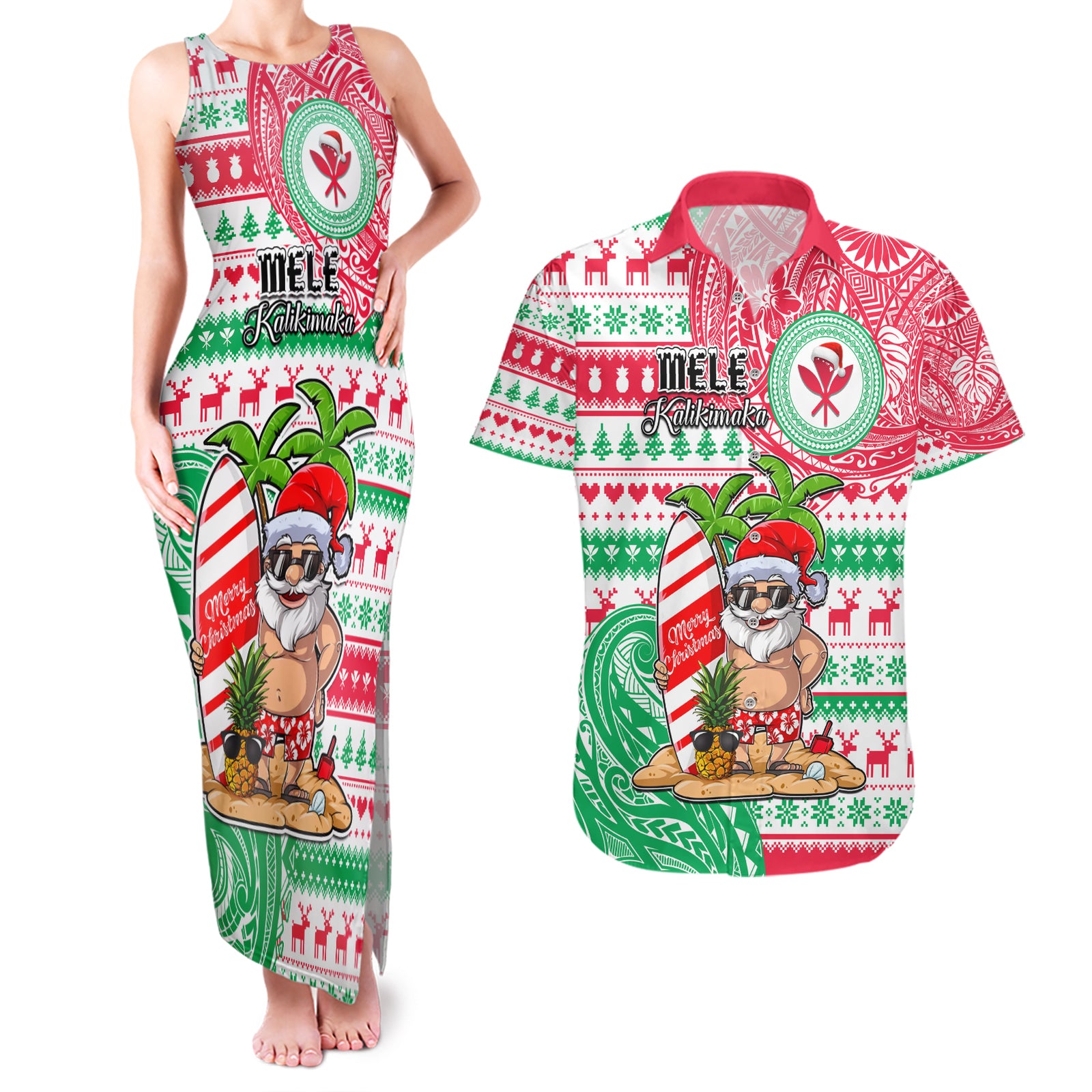 Hawaii Christmas Couples Matching Tank Maxi Dress and Hawaiian Shirt Santa Claus Surf Mele Kalikimaka LT05 Red - Polynesian Pride
