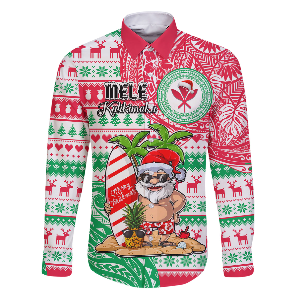 Hawaii Christmas Family Matching Short Sleeve Bodycon Dress and Hawaiian Shirt Santa Claus Surf Mele Kalikimaka LT05 Dad's Shirt - Long Sleeve Red - Polynesian Pride