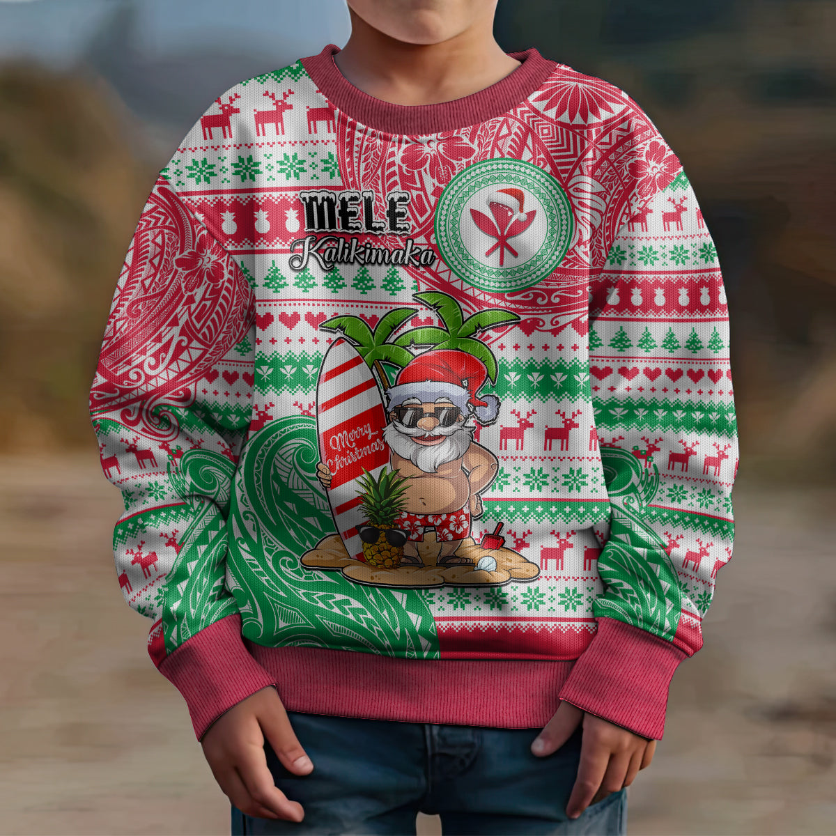 Hawaii Christmas Kid Ugly Christmas Sweater Santa Claus Surf Mele Kalikimaka LT05 - Polynesian Pride