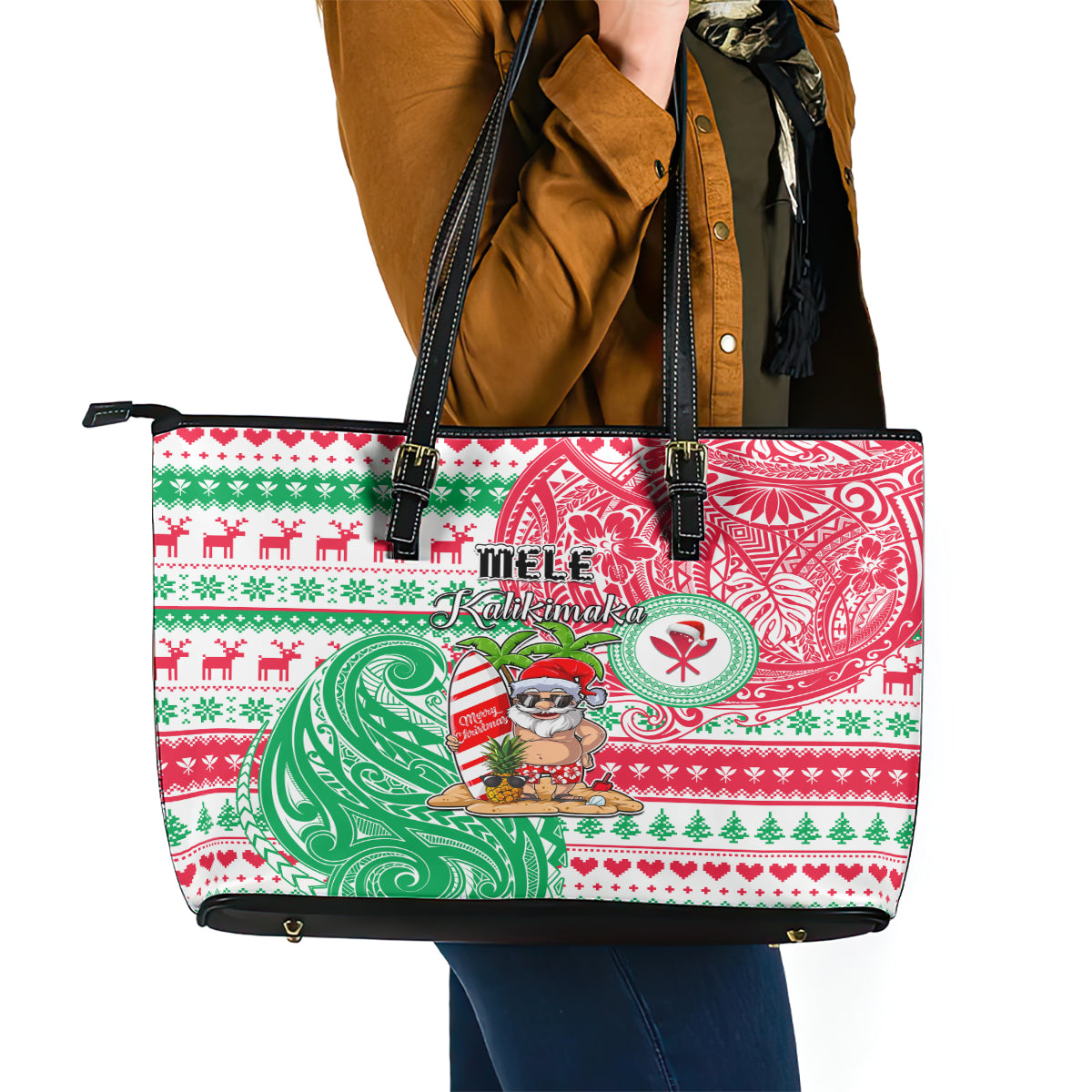 Hawaii Christmas Leather Tote Bag Santa Claus Surf Mele Kalikimaka LT05 - Polynesian Pride