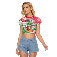 Hawaii Christmas Raglan Cropped T Shirt Santa Claus Surf Mele Kalikimaka LT05 Female Red - Polynesian Pride
