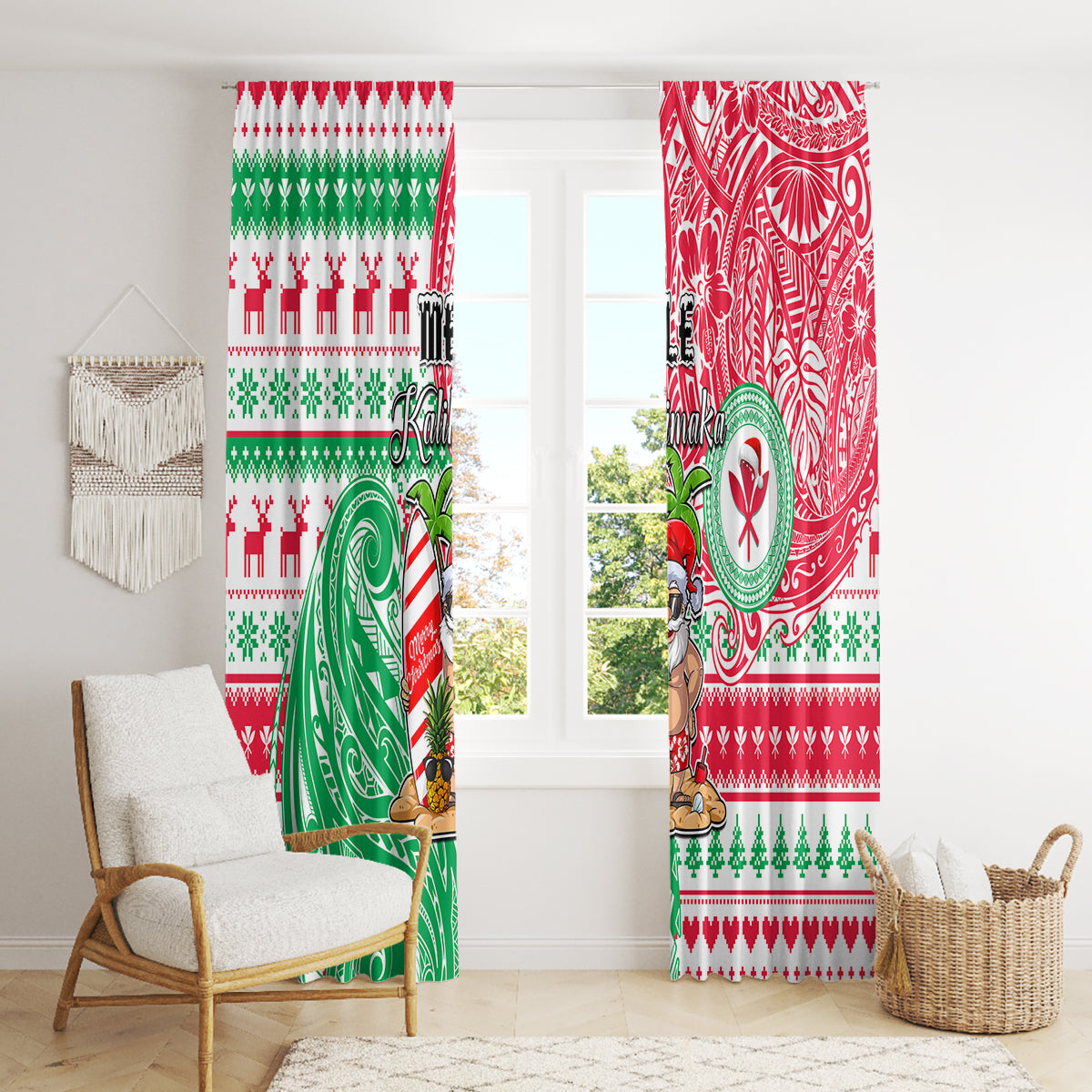 Hawaii Christmas Window Curtain Santa Claus Surf Mele Kalikimaka LT05 - Polynesian Pride