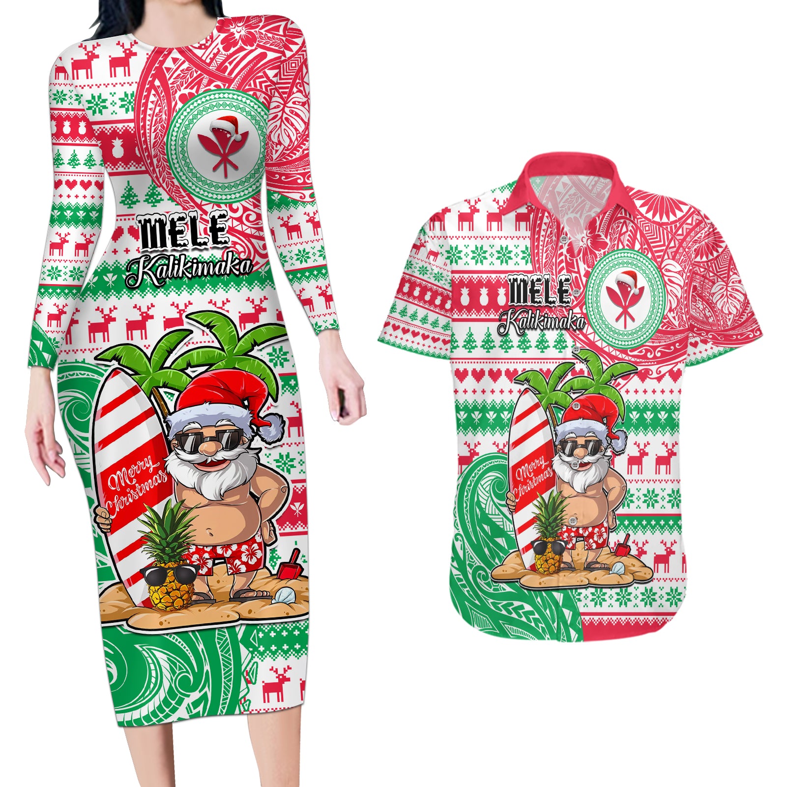 Personalized Hawaii Christmas Couples Matching Long Sleeve Bodycon Dress and Hawaiian Shirt Santa Claus Surf Mele Kalikimaka LT05 Red - Polynesian Pride