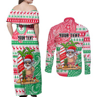 Personalized Hawaii Christmas Couples Matching Off Shoulder Maxi Dress and Long Sleeve Button Shirts Santa Claus Surf Mele Kalikimaka LT05 - Polynesian Pride