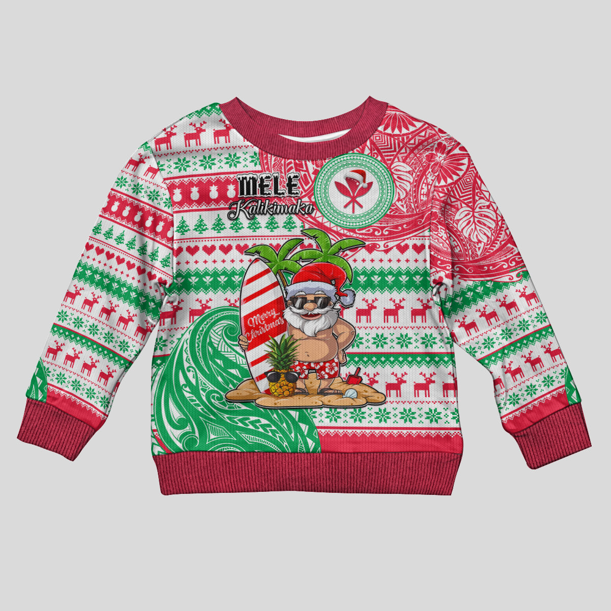 Personalised Hawaii Christmas Kid Ugly Christmas Sweater Santa Claus Surf Mele Kalikimaka LT05 Kid Red - Polynesian Pride